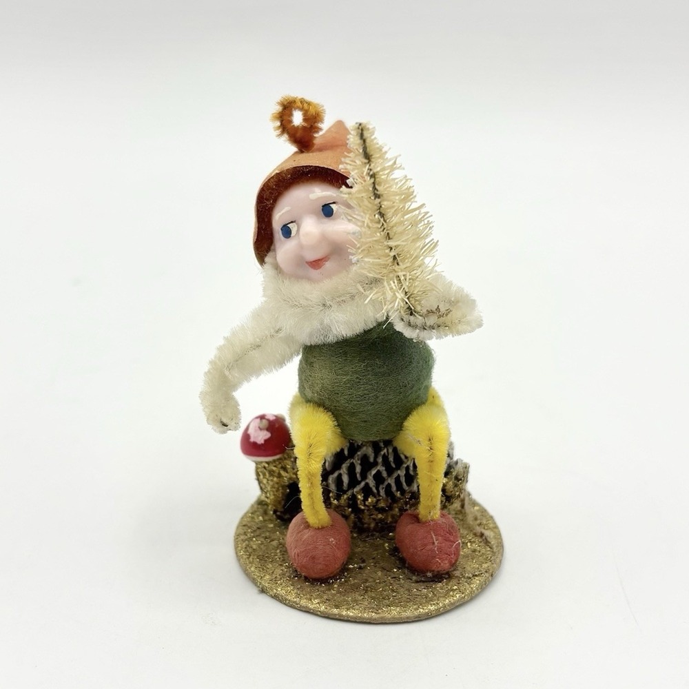 Vintage Pine Cone Pipe Cleaner Elf Gnome Red Hat White Beard Japan ADORABLE